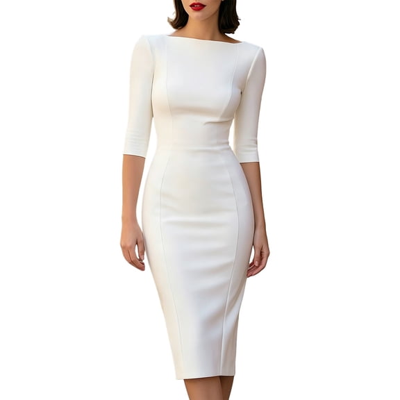 Mlkoz Formal Dresses for Women Solid Color 3/4 Sleeve Bodycon Midi Dress For Work