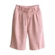 thumbnail image 3 of Pantalones de Lino de Mujer con Bolsillos de Encaje Sólido Hasta Cinturón Plisado Cinco Cuartos de Pantalones Cortos, Pantalones Cortos de Lino Largo para las Mujeres Desgaste de Verano Casual, 3 of 5