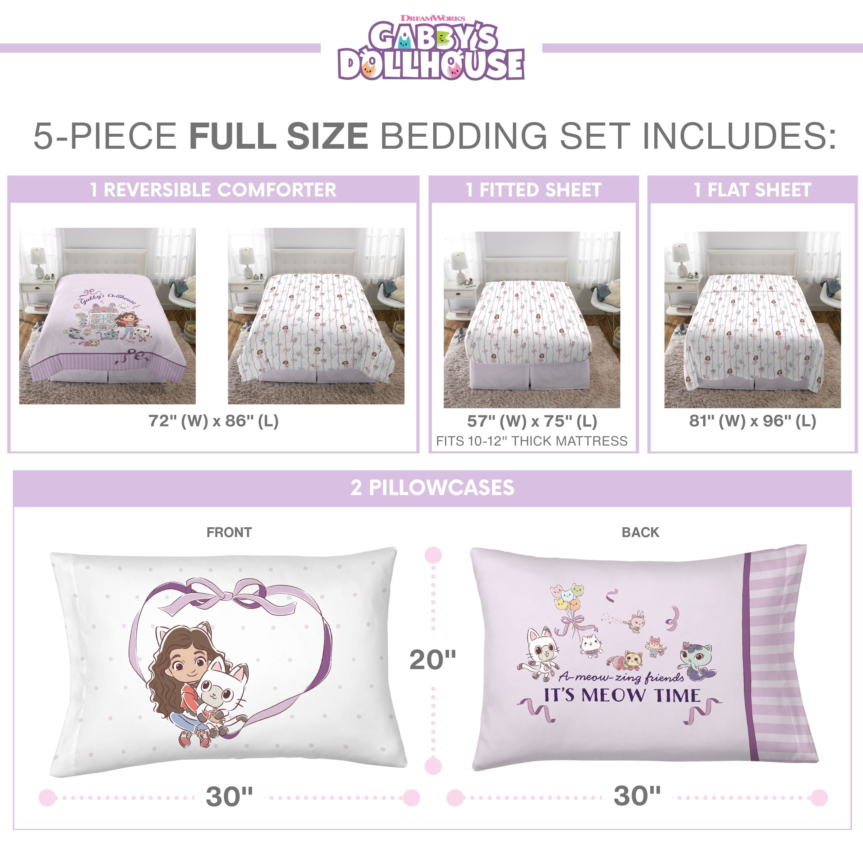 Gabby's Dollhouse Kids Purple Reversible Comforter, Bed in a Bag, Full