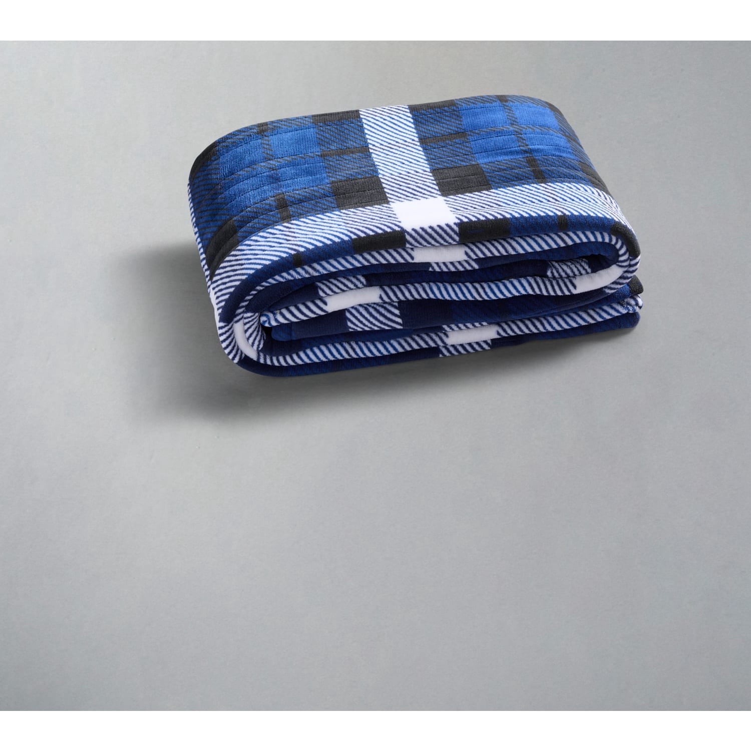 Sunbeam Microplush Reverse Sherpa Heated Throw (50" x 60"), Push Button Controller with 3 Heat Settings, Blue/Black Plaid