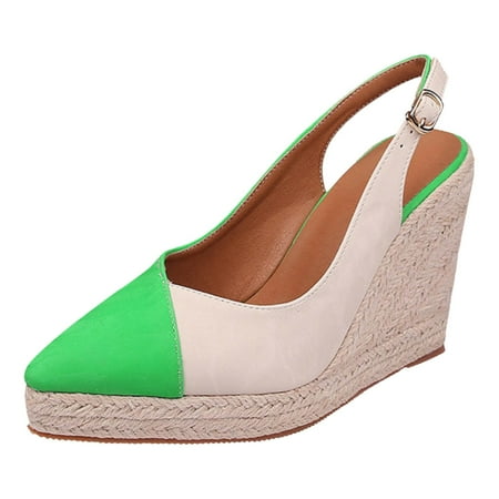 

Cathalem Slope Heeled Thick Sole Pointed Single Shoes Half Lug Color Blocked Back Hollow Straw Woven Rope Sole Green 42