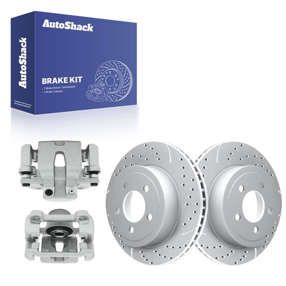 AutoShack Rear Vented Drilled & Slotted Coated Brake Rotors Silver Matte Finish   Calipers 4-PC Brake Kit Replacement for 2007-2010 Dodge Charger 2012-2014 Dodge Charger TurboGuard 12.6" (320 mm)