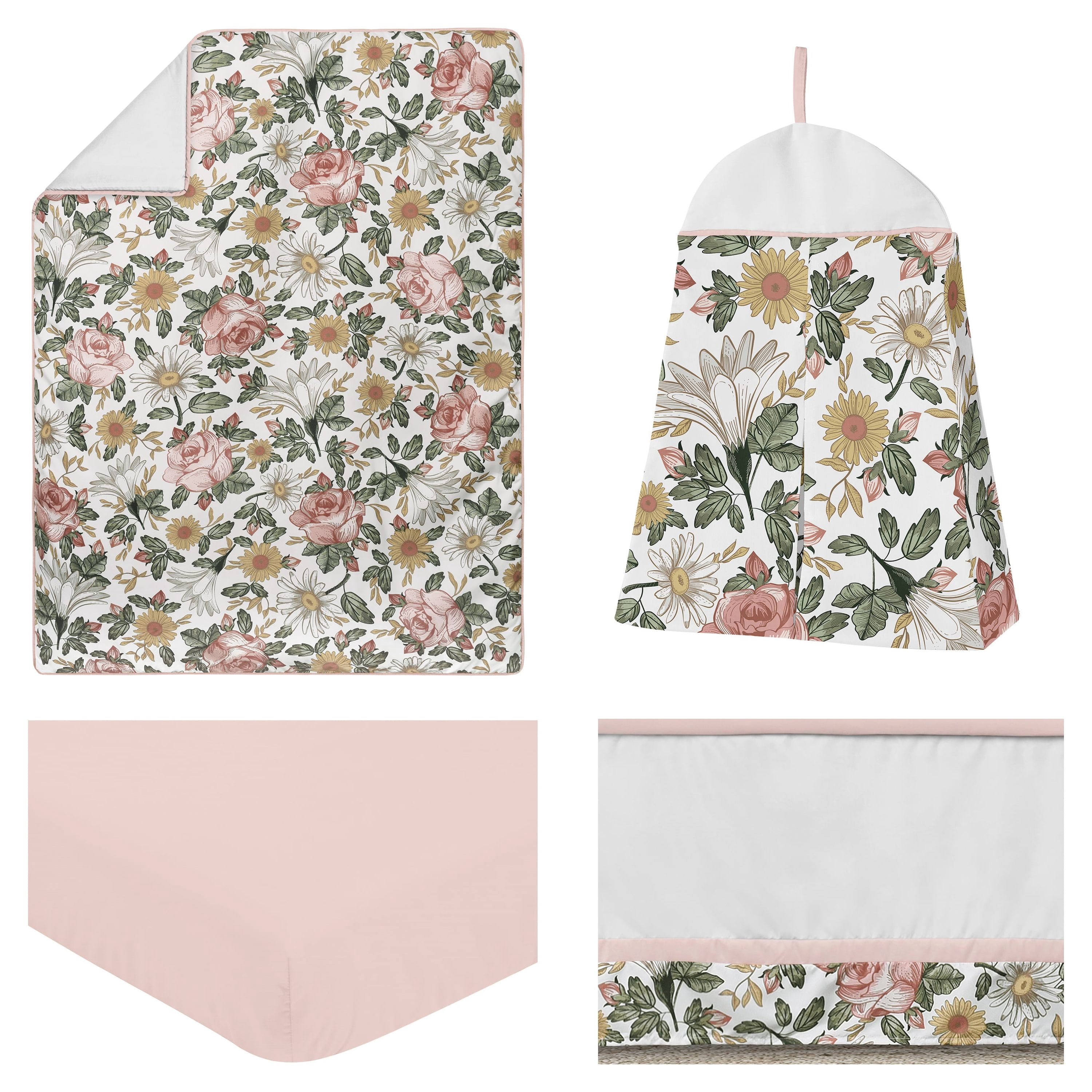 Sweet Jojo Designs Vintage Floral Pink Green Yellow White 4 Piece Crib Bedding Set