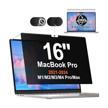 360° Magnetic Privacy Screen for MacBook Pro 16 Inch (2021-2024, M1, M2, M3, M4, Pro, Max), Removable Anti Glare Blue Light Filter, 4 Way Anti Spy Black Protector for Mac Pro 16In Laptop Computer