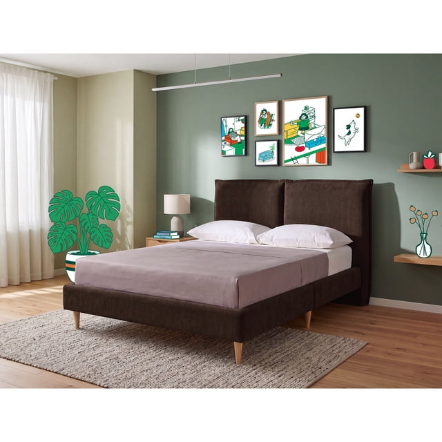 Cama Matrimonial Makora Zenvia Chocolate Tapizada en Tela Tipo Velvet (No Incluye Colchón)