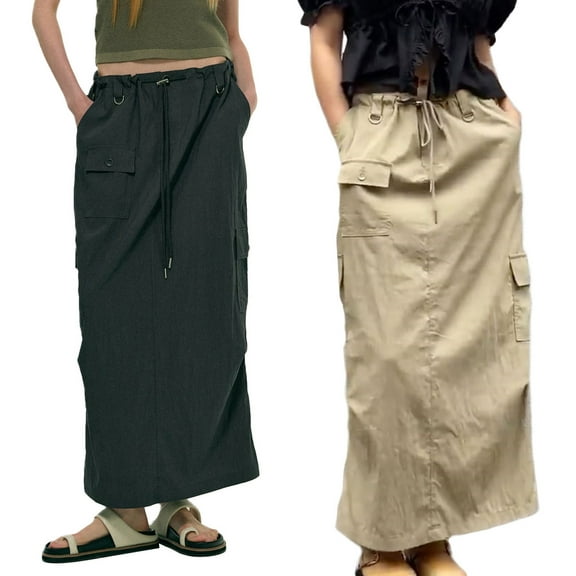 Musuos Women's Long Cargo Skirt Solid Color Waist Drawstring Multi Pocket Straight Streetwear Loose Skirt