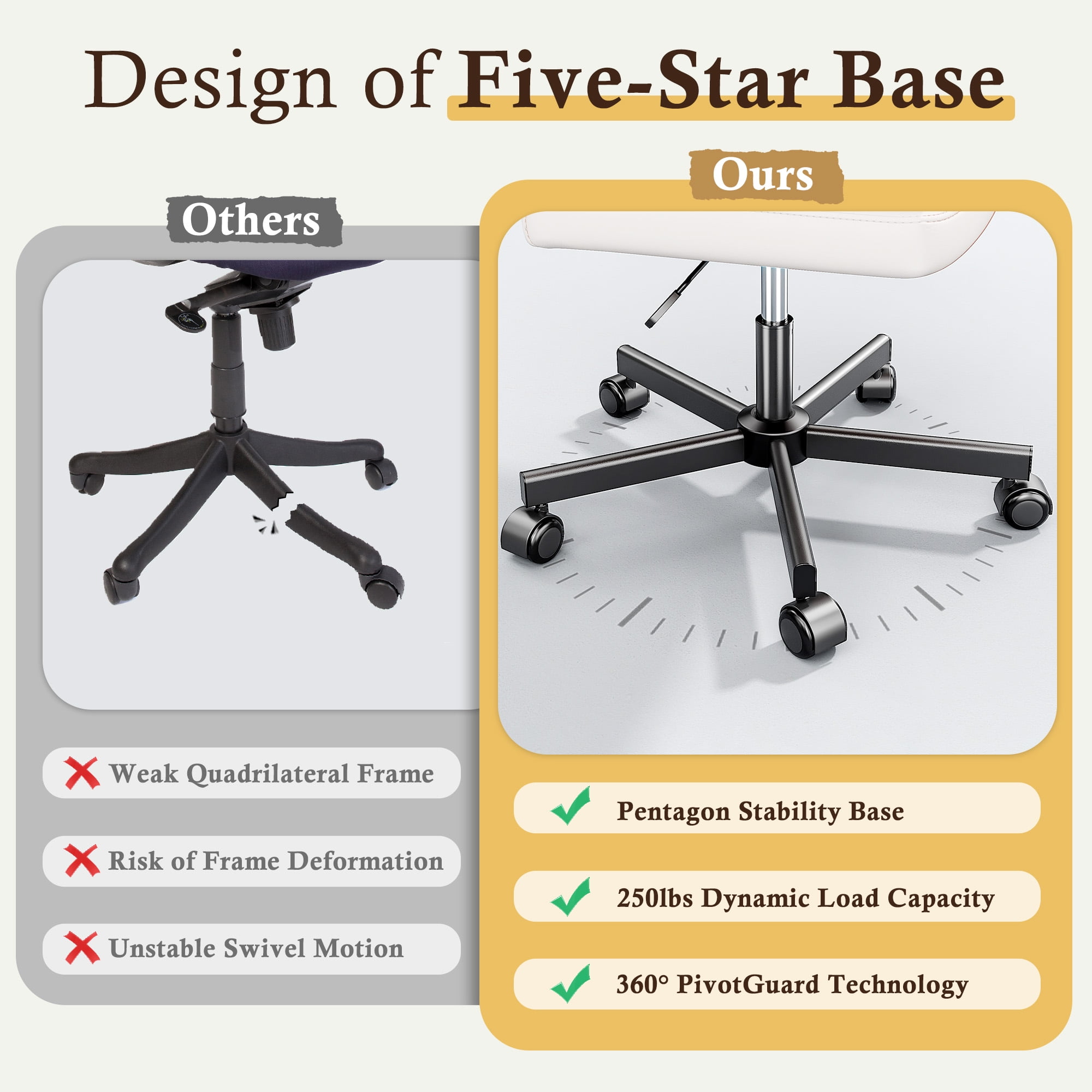 EnHomee 27" W Chair Criss Cross Legged Office Chair Armless Adjustable Desk Chair with Wheels, Wide Seat, and 2-Layer Cushions, Beige