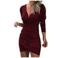 thumbnail image 1 of Robe à Manches Longues pour Femmes Décolleté en V Profond Paillettes Portefeuille Froncée Robe de Boîte de Nuit à Manches Longues, 1 of 1