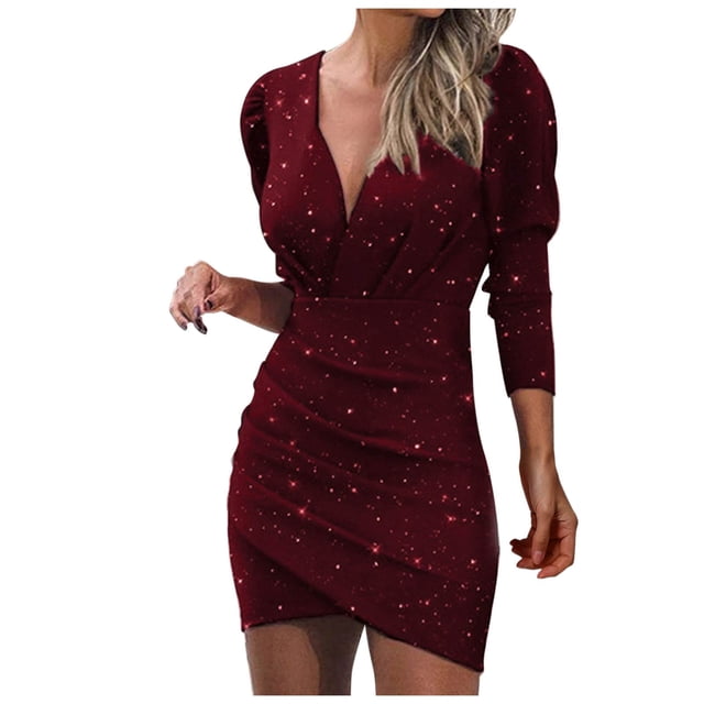 Robe à Manches Longues pour Femmes Décolleté en V Profond Paillettes Portefeuille Froncée Robe de Boîte de Nuit à Manches Longues