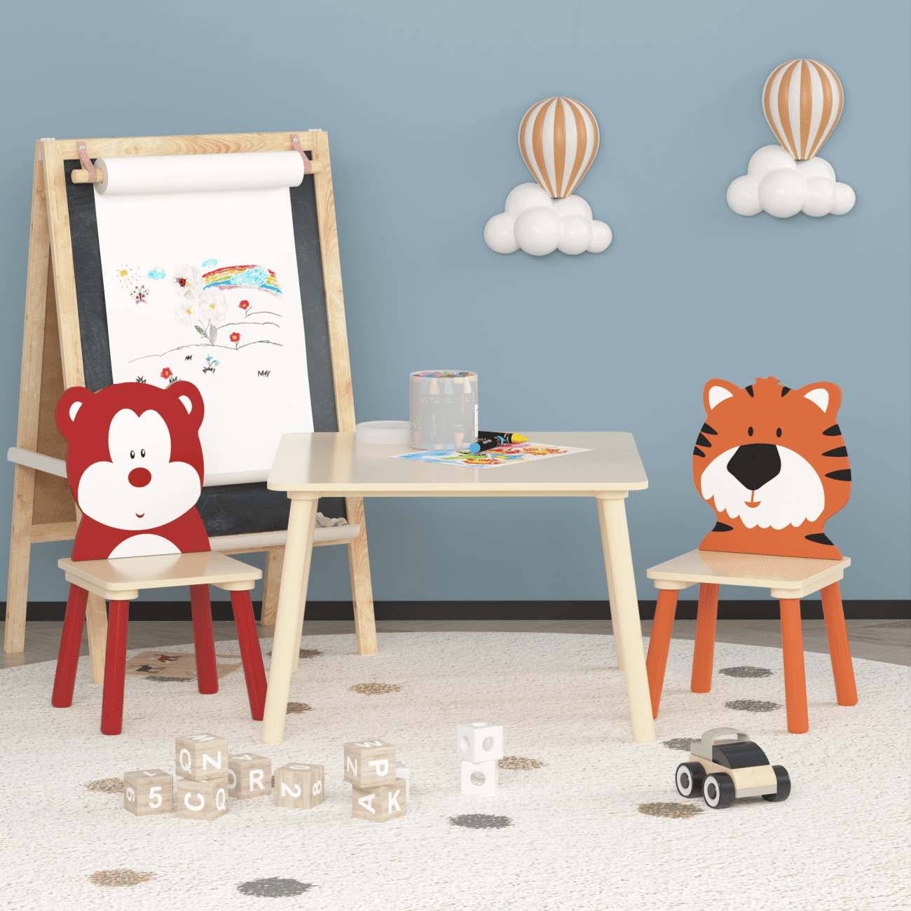 3-Piece Kids Table and 2 Chairs Set, Wooden Activity Play Set with Adorable Animal Prints, Solid Wood+MDF, 23.6" Square Table, Easy Assembly, for Toddlers' Art, Reading and Snack Time