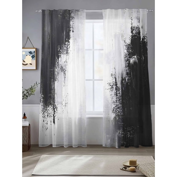 Black White Sheer Curtains 108 Inches Long 2 Panels Color Block Light Filtering Semi Sheer Window Curtains Drapes for Bedroom Living Room 52"x108"
