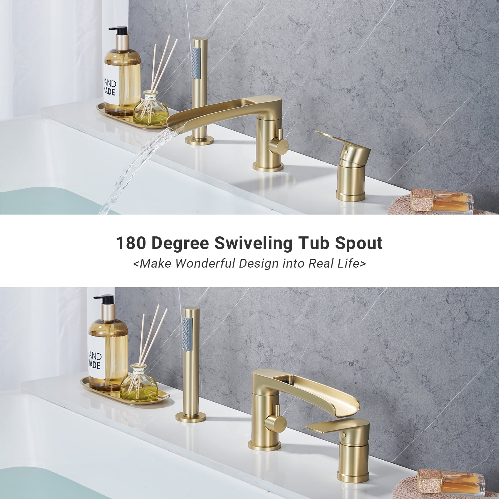 Roman Bathtub Faucet with Handheld Shower Sprayer Deck Mount 3-Hole Tub Filler Faucet Set, Brushed Gold Waterfall Roman Tub Faucet with Valve Included