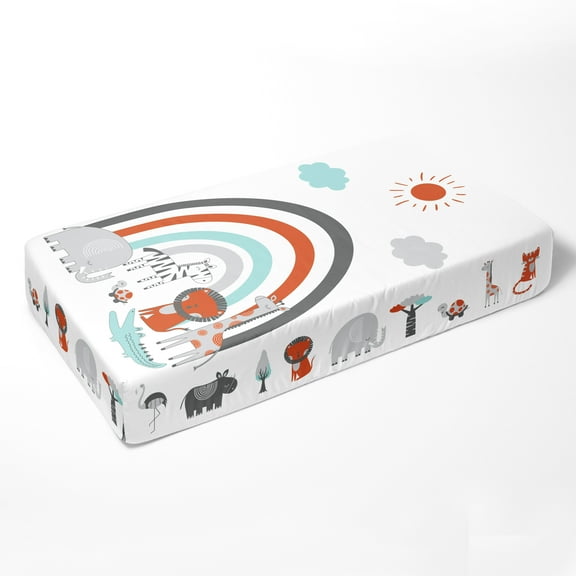 Crib or Toddler Bed Fitted Sheet 100% Cotton Percale, Safari Jungle Aqua/Orange/Grey