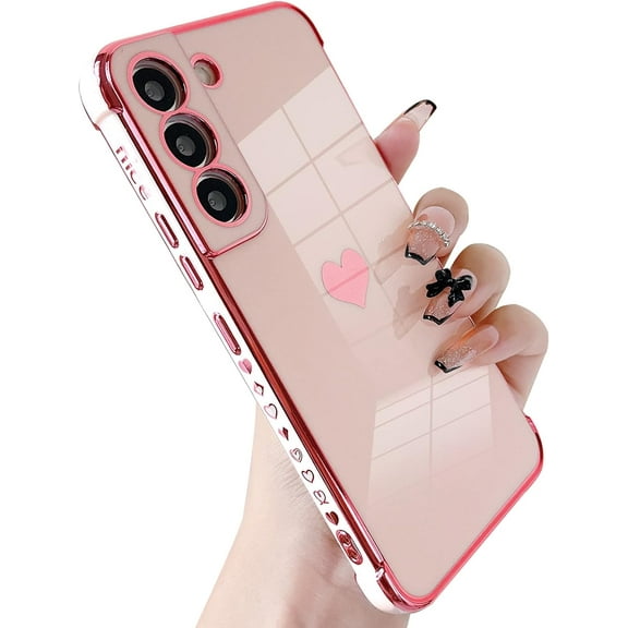 Galaxy S22 Case, for Samsung Galaxy S22 Case Silicone Luxury Gold Women Girls Cute Design Soft Silicone Camera Protection Protective Lovely Heart Phone Case for Galaxy S22 5G (Pink)
