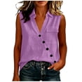 thumbnail image 6 of aohooy Womens Sleeveless V Neck Shirts Cotton Linen Oblique Button Decorate Blouse Loose Collared Work Tank Tops with Flap Pocket Purple,L, 6 of 8