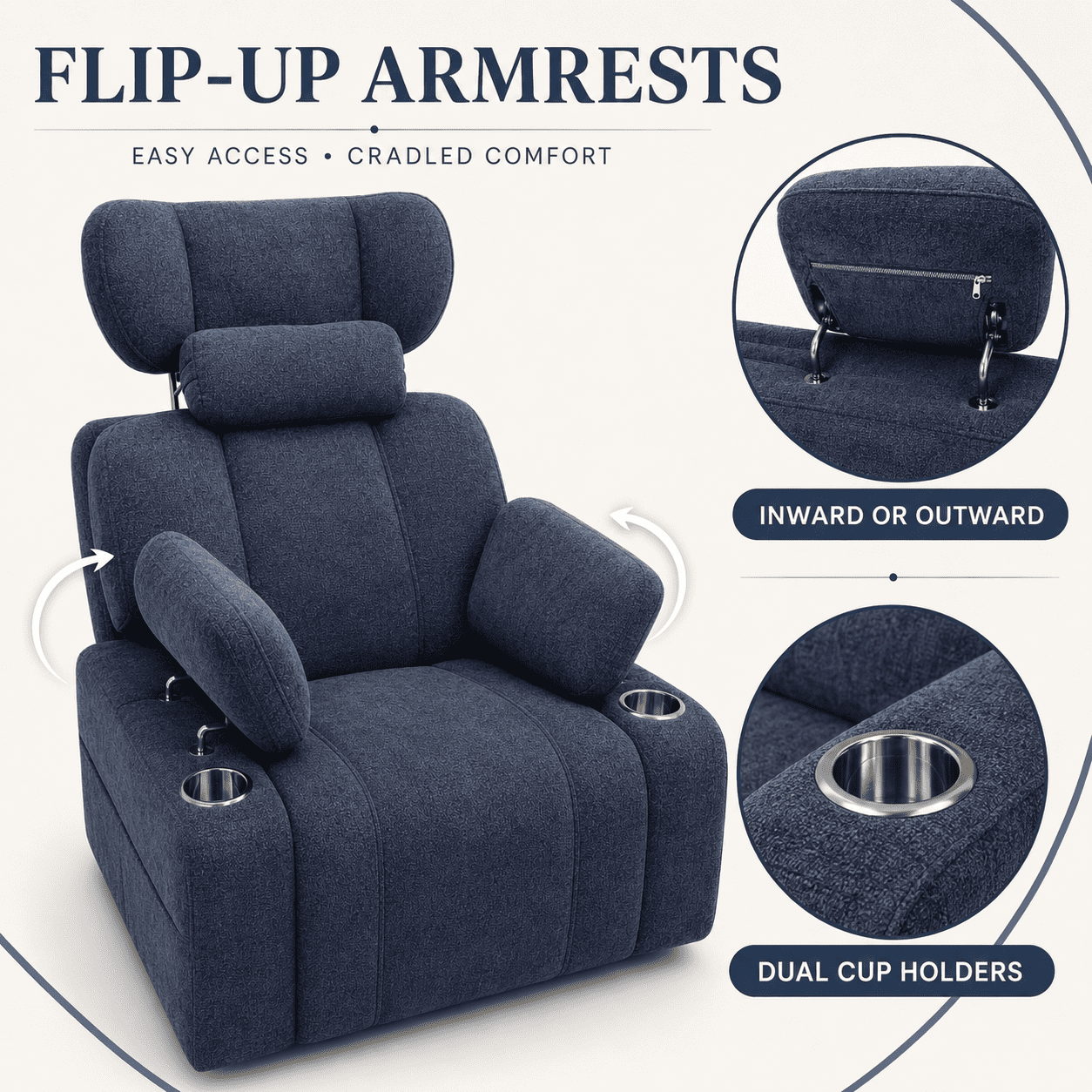 TiramisuBest Swivel Rocking Recliner Chair with Cup Holders,Big and Tall Manual Chenille Lounge Chair for Living Room,Blue