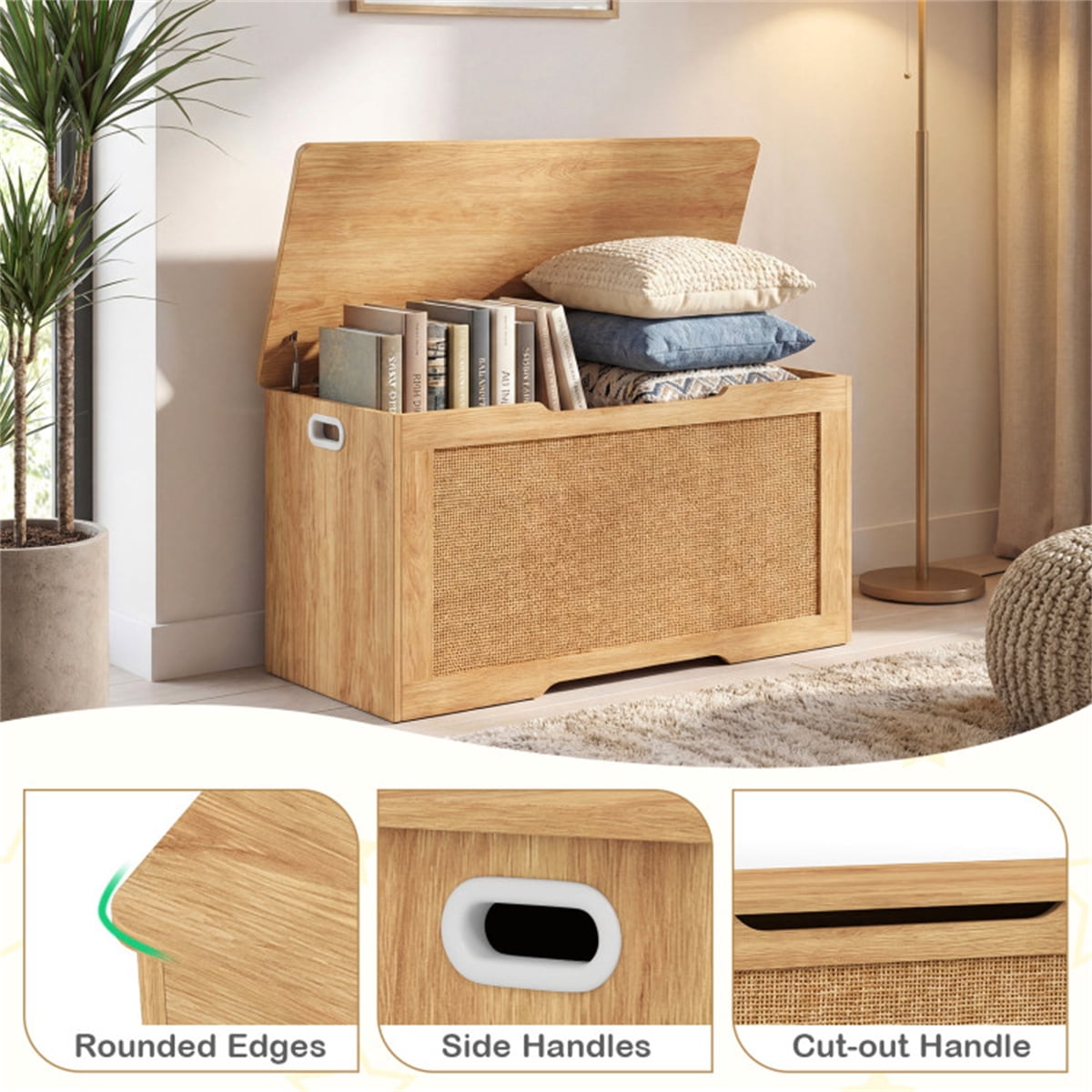 39 Gallon Natural Wooden Toy Box Storage Chest with Soft Close Lid Rattan Look Kids Storage Bench 350 lbs Weight Capacity for Playroom Bedroom Entryway