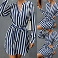 thumbnail image 5 of Women Autumn Long Sleeve Sexy V-Neck Mini Dress with Belt Vertical Striped Print Casual Loose A-Line Flare Hem Cocktail Party Lady Streetwear, 5 of 13