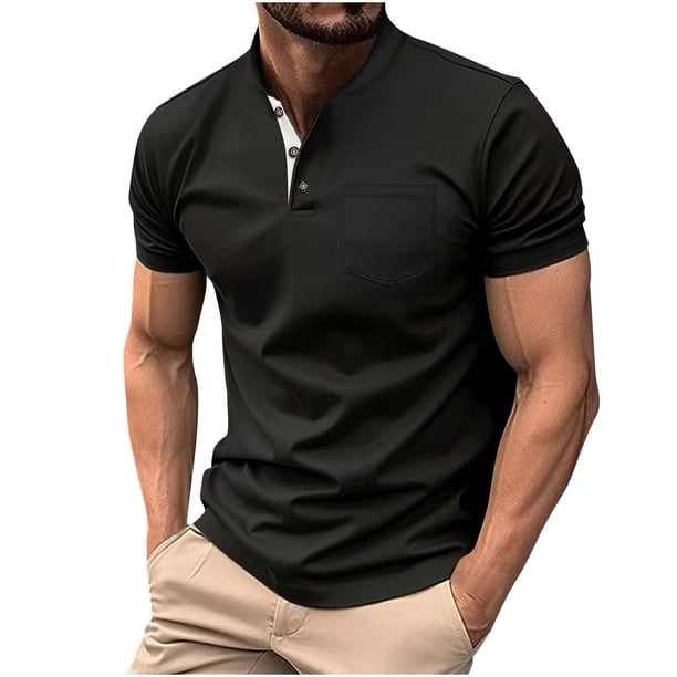 Camisetas de Manga Larga para Hombres Casual Botón Sólido Camiseta Cuello de Soporte Superior, Poliéster Ligero para Primavera Verano