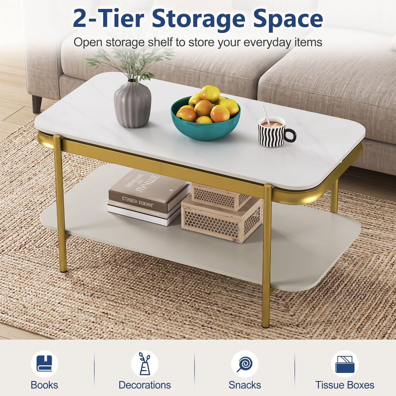Furnibear 2-Tier Modern Rectangular Coffee Table with Sintered Stone Top, Living Room Center Table with Open Storage Shelf, Scratch-Resistant Waterproof Metal, White