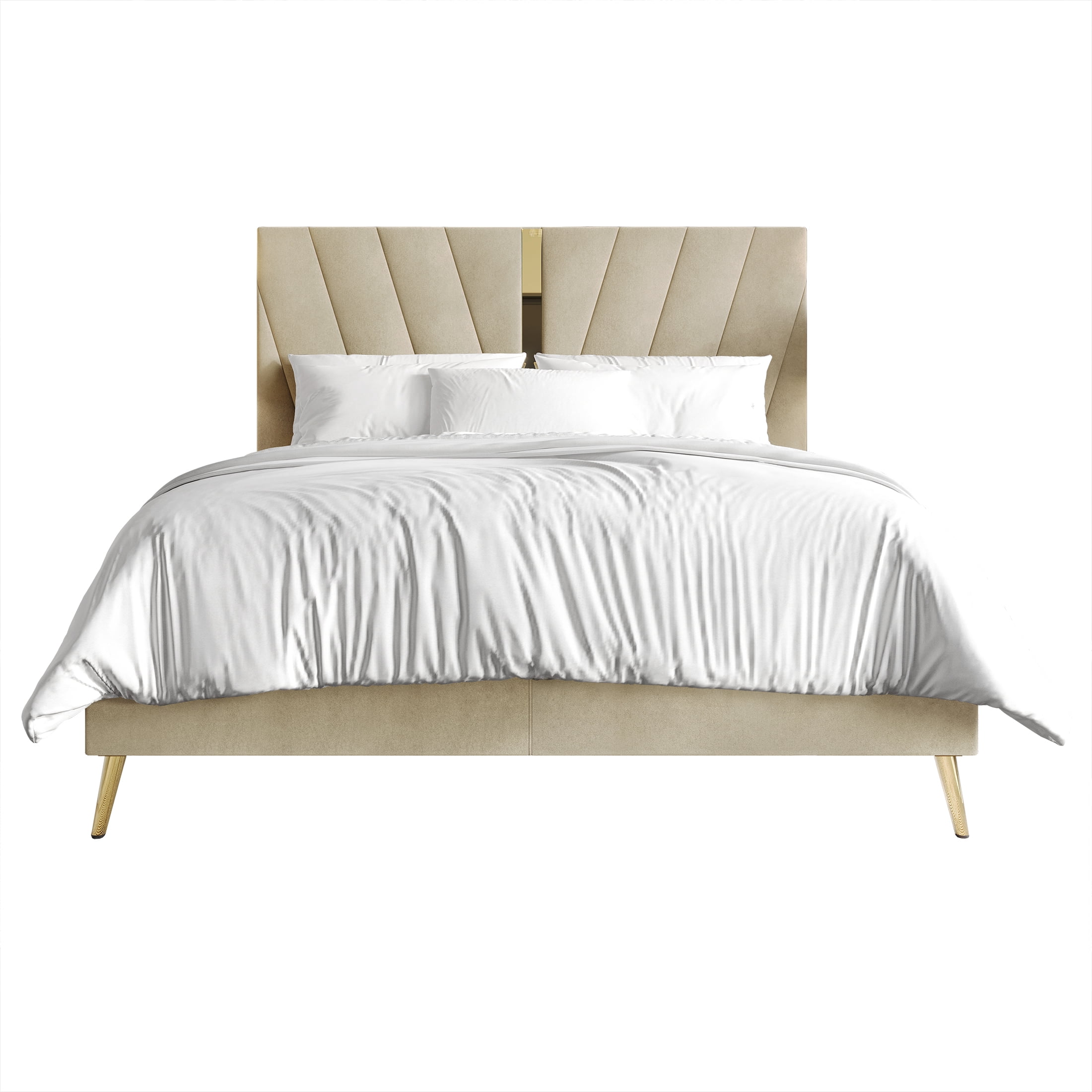 Castle Place Contemporary Velvet Queen Upholstered Bed with 2 Nightstand and Bench, Champagne