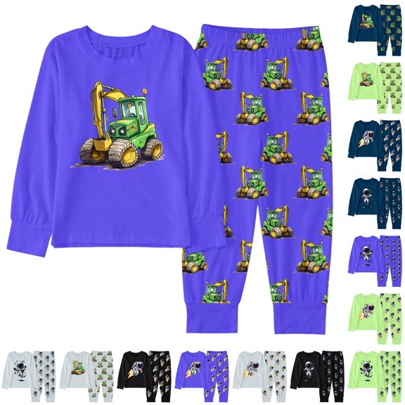 CUZIBR Boys Outfits Crewneck Sets Winter Cartoon Print Long Sleeve Top Pants Pajamas Loungewear Kids Homewear Comfortable Casual Clothes Sets,a-Blue,5-6 Years