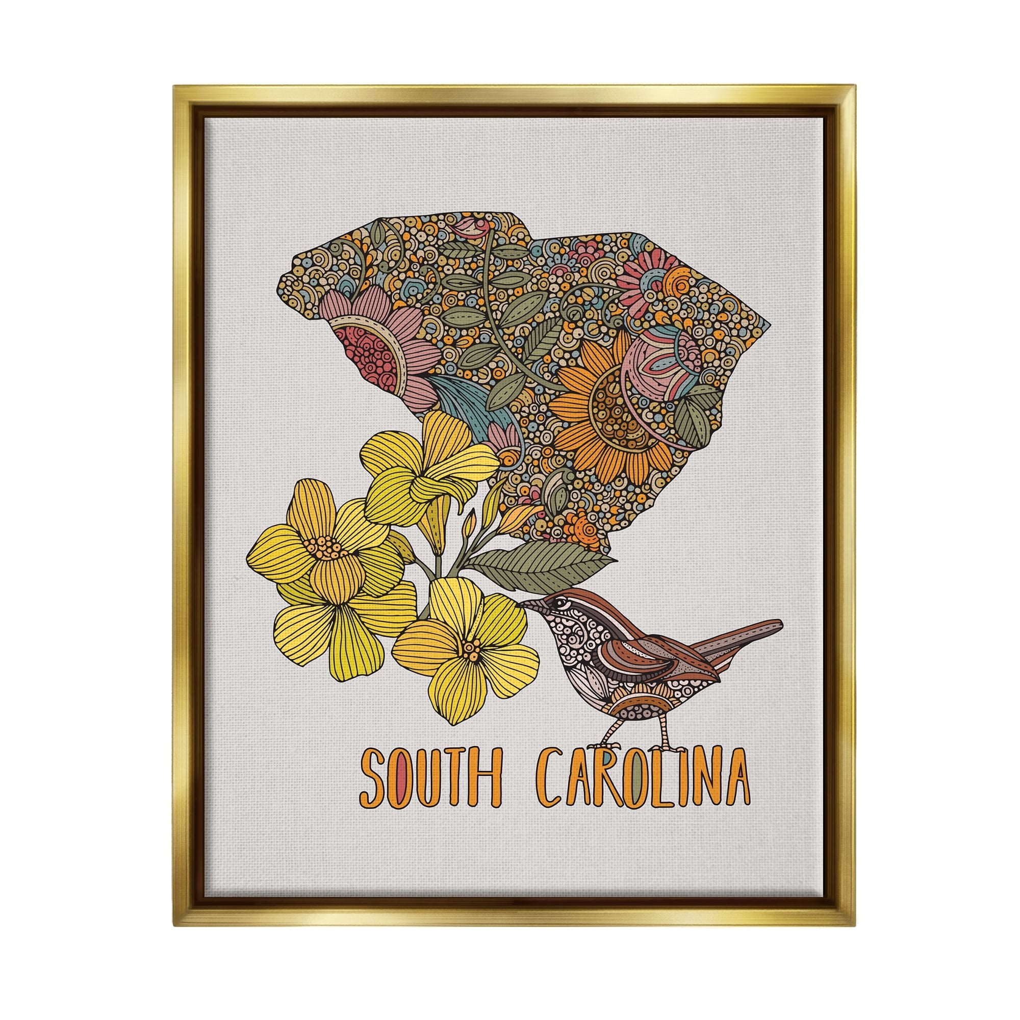 Stupell Industries Detailed South Carolina State Flower Blossoms Pattern Graphic Art Metallic Gold Floating Framed Canvas Print Wall Art, Design by Valentina Harper