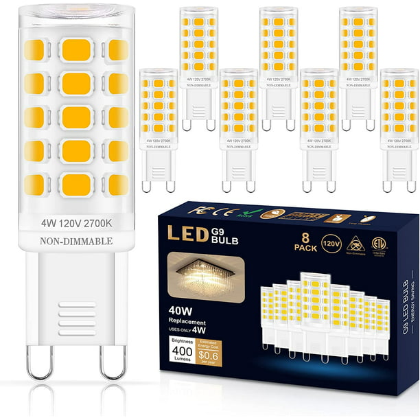 Vice Tell repertoire 8 Pack G9 LED Bulb 4W, 40 Watt Halogen Bulbs Equivalent, 2700K Soft Warm  White, T4 G9 Bi-Pin Base, 120V, 400 Lumen, 360°Beam Angle, G9 Light Bulbs  for Chandelier Fixture, Non-Dimmable -
