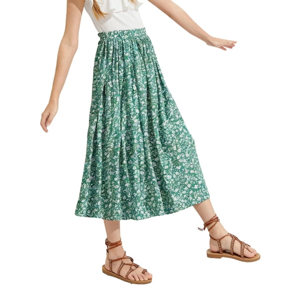 Edvintorg Floral Skirt for Girls Summer Elastic Waist Loose Casual Beach Skirts Midi Length Fashion Clothing