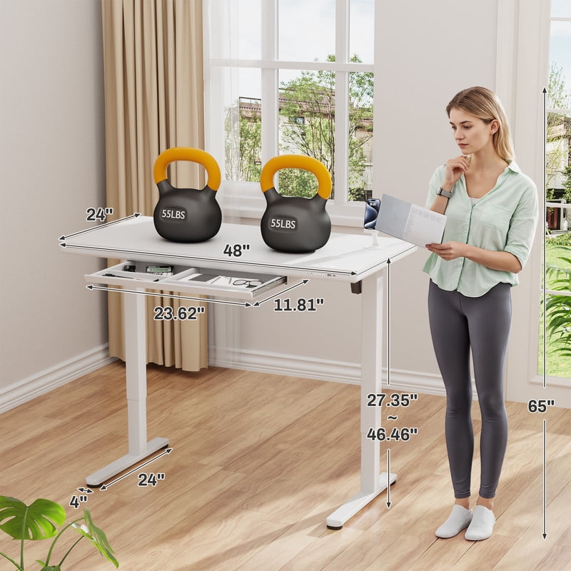 Homall 48" x 24" Wood Top Electric Standing Desk with Drawer, Height Adjustable Desk with Phone Stand & Charging Ports, Sit Stand up for Home Office,White