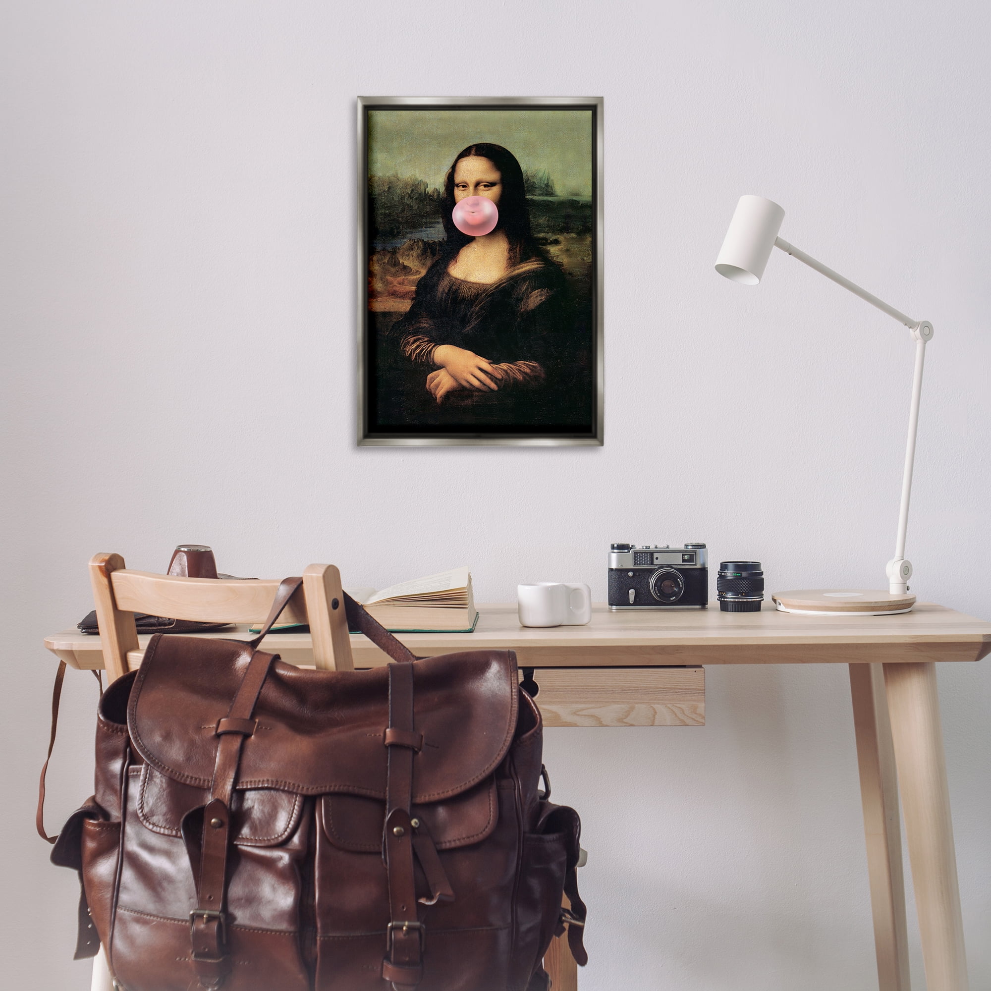 Stupell Industries Mona Lisa & Bubblegum Novelty & Humor Painting Gray Floater Framed Canvas Art Print Wall Art, 21 x 31