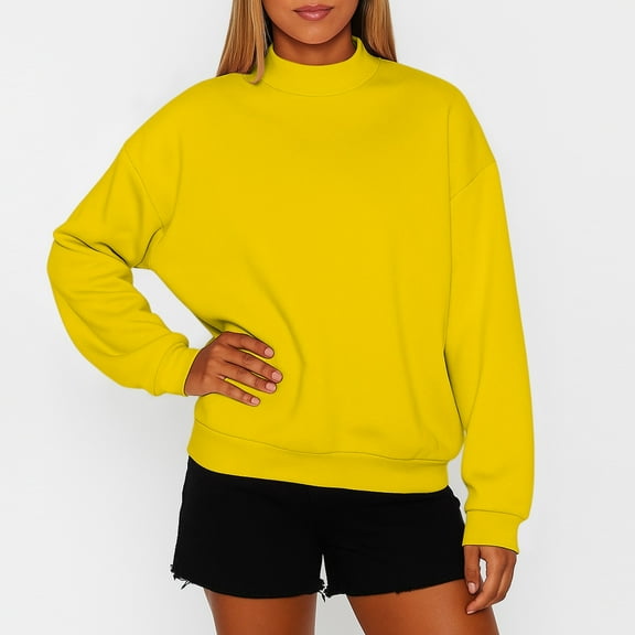 Mock Neck Sweatshirt Women Cute Plain Pullover Sweatshirts No Hood Casual Fall Long Sleeve Turtleneck Tops Yellow 2XL