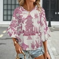 thumbnail image 3 of Zen Garden Pink Women's V-Neck Blouse With 3/4 Ruffled Bell Sleeves Casual Top Ladies Blouses, 3 of 7