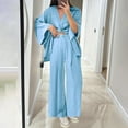 thumbnail image 7 of Women's Cotton Linen 2 Piece Outfits 3/4 Sleeve Shirt and Wide Leg Dress Pant Oversized Matching Sets Loungewear, XL, 7 of 7