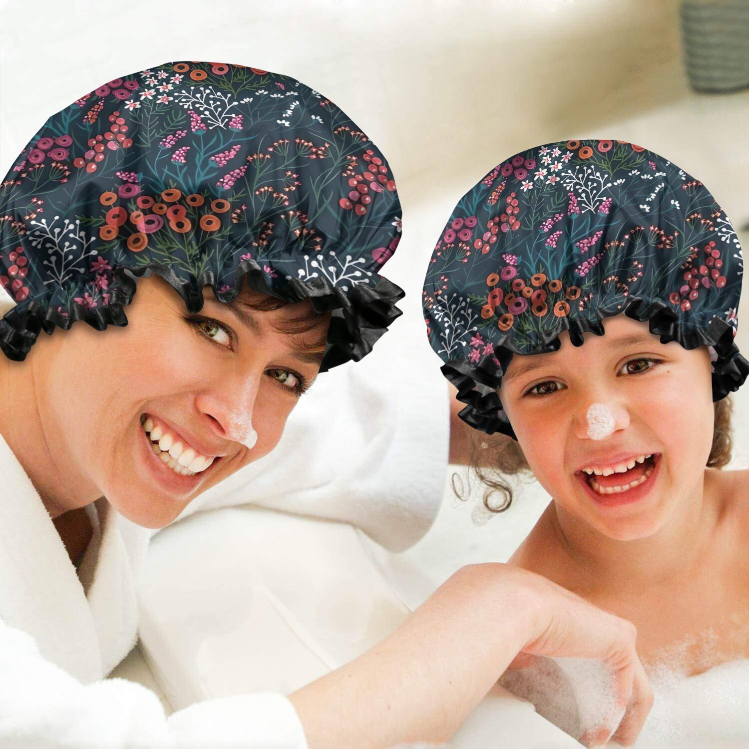 Shower Caps,Pioneer Flower Floral Print Pattern Waterproof Shower Cap for Women 4 Pieces,Double Reusable Hair Cover for Shower PEVA Elastic Stretch Hem