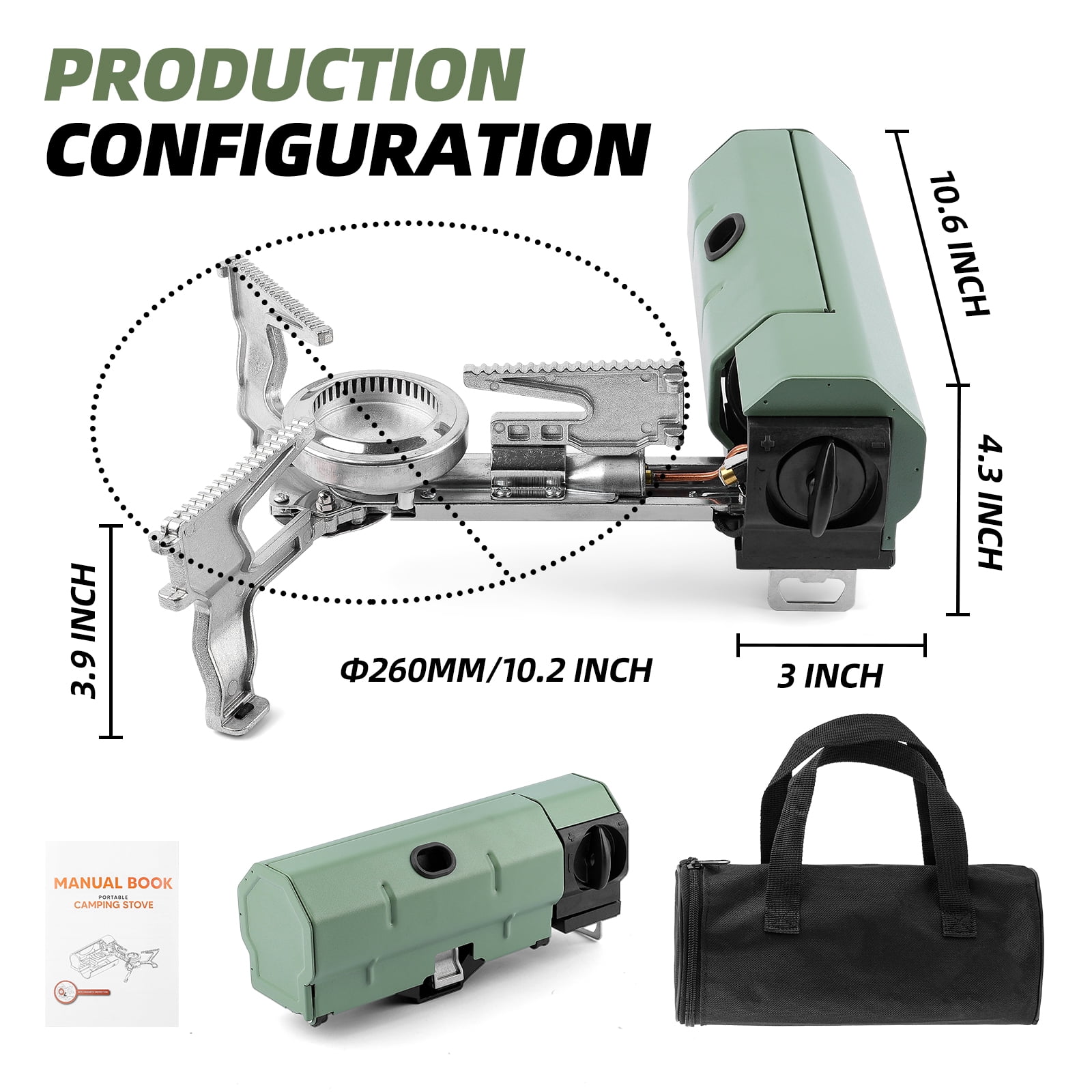 Portable Camping Stove, Sage Green, Aluminum Alloy Furnace with 10.2 Inch Burner Head, Foldable Gas Stove with Carry Bag, Manual for Outdoor Cooking