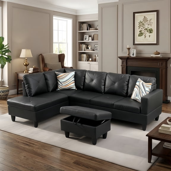 Aisword Sectional Sofa Couch, 97" L-Shaped Living Room Sets with Movable Ottoman & Left Facing Chaise Lounge, Faux Leather, Black