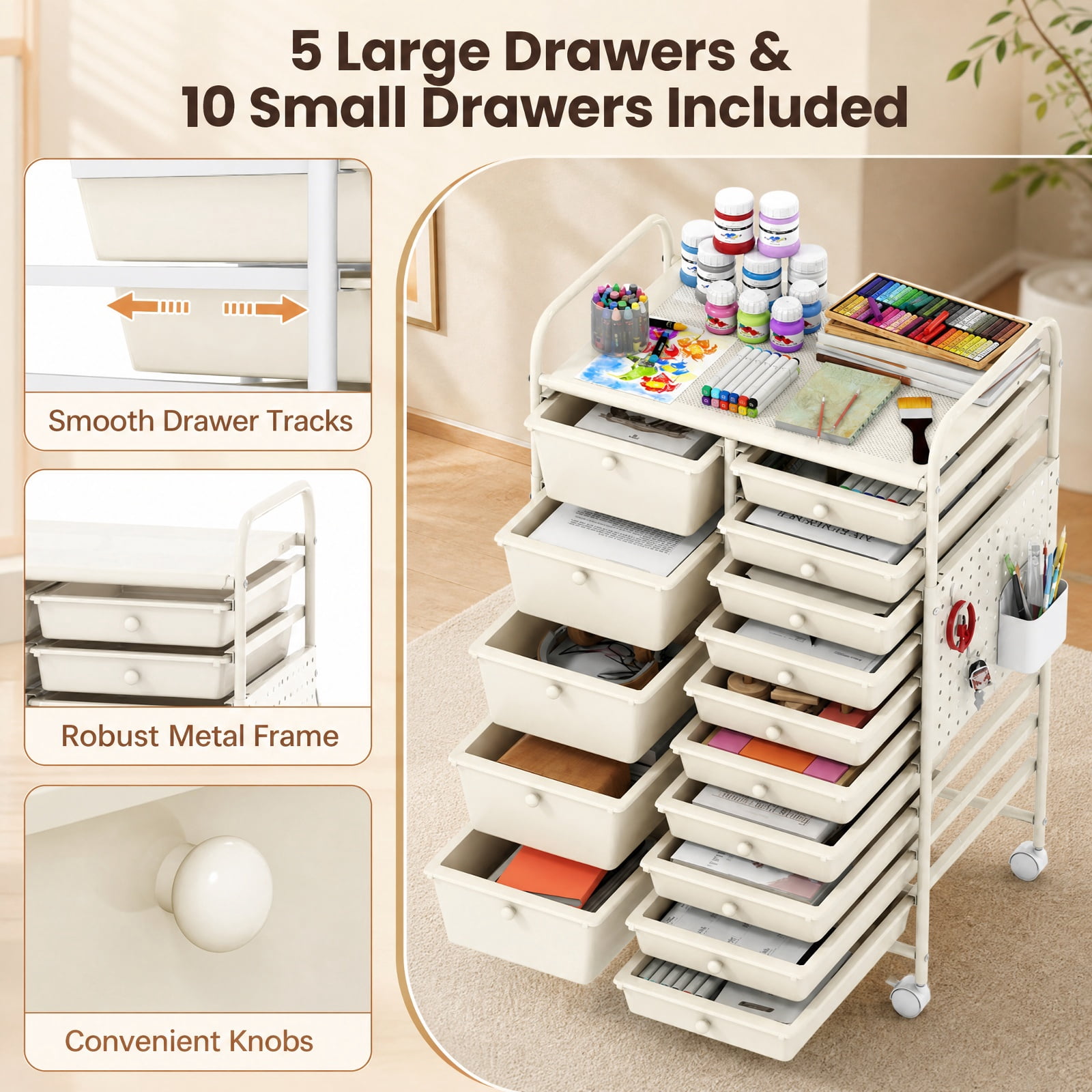 Furnibear 15 Drawer Rolling Storage Cart with Metal Tabletop Pegboard and Locking Wheels for Kitchen Office and Classroom Organizing, White
