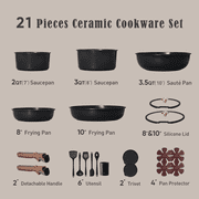 CAROTE 21-Piece Ceramic Cookware Set , Nonstick Pots and Pans Set with Detachable Handle and Lids, Induction Compatible, Black