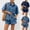 Dark Blue, variant on CHUMUD Women's Summer Denim 2 Piece Outfits Short Sleeve Button Down Shirt Elastic Waist Wide Leg Shorts Matching Set Casual Going Out