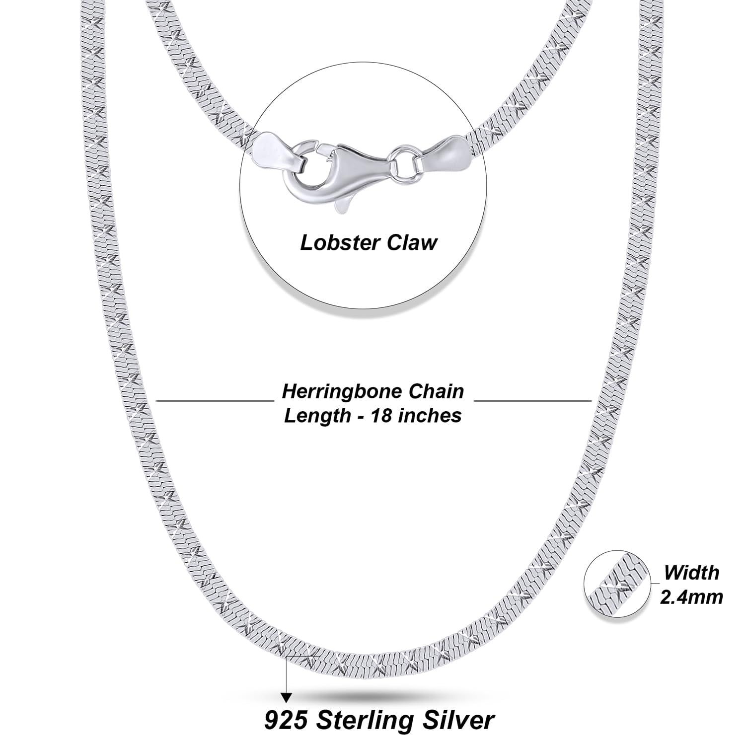 AFFY Herringbone Chain Necklace for Women and Men Italian Crafted 2.40mm Flat Snake Necklace with Lobster Claw Clasp 18 Inch Chain in 14K White Gold Over 925 Sterling Silver
