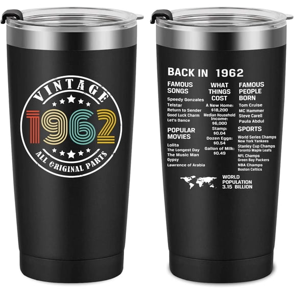 60th Birthday Gifts for Men Women Friends, Tumbler 20 oz Stainless Steel Vacuum Insulated Tumblers, Double Sided Printed Birthday Thermos cup, Back in 1962 Old Time Information - Black