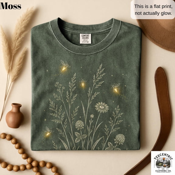 Firefly and Wildflower Graphic T-Shirt, Cottagecore Lightning Bug Tee, Botanical Garden Nature Lover Shirt, Boho Floral Gift for Women