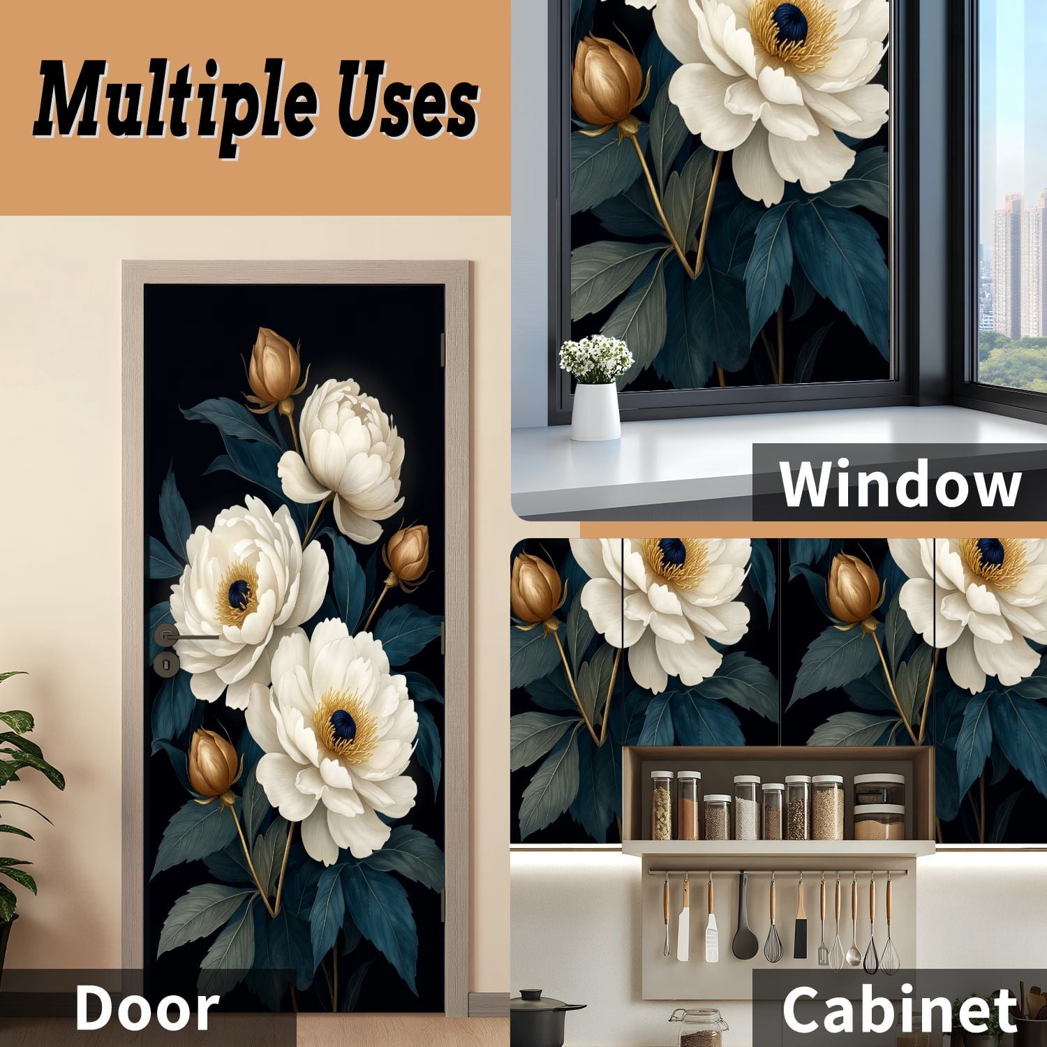 Self Adhesive Vinyl Refrigerator Wrap Set Vintage Botanical Artwork Elegant Peonies Door Mural Removable Fridge Sticker Peel and Stick&nbsp;Full Door Cover Decal Kitchen Bar Decor