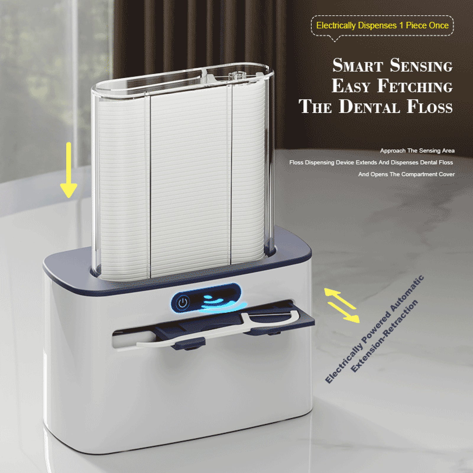 Automatic Floss Dispenser Box | Intelligent Sensor Floss Stick Storage | Rechargeable & Battery-Powered | ABS Plastic, 100 Floss Refill, Dark Blue/Light Gray/Gold | Home, Restaurant, Hotel Hygiene