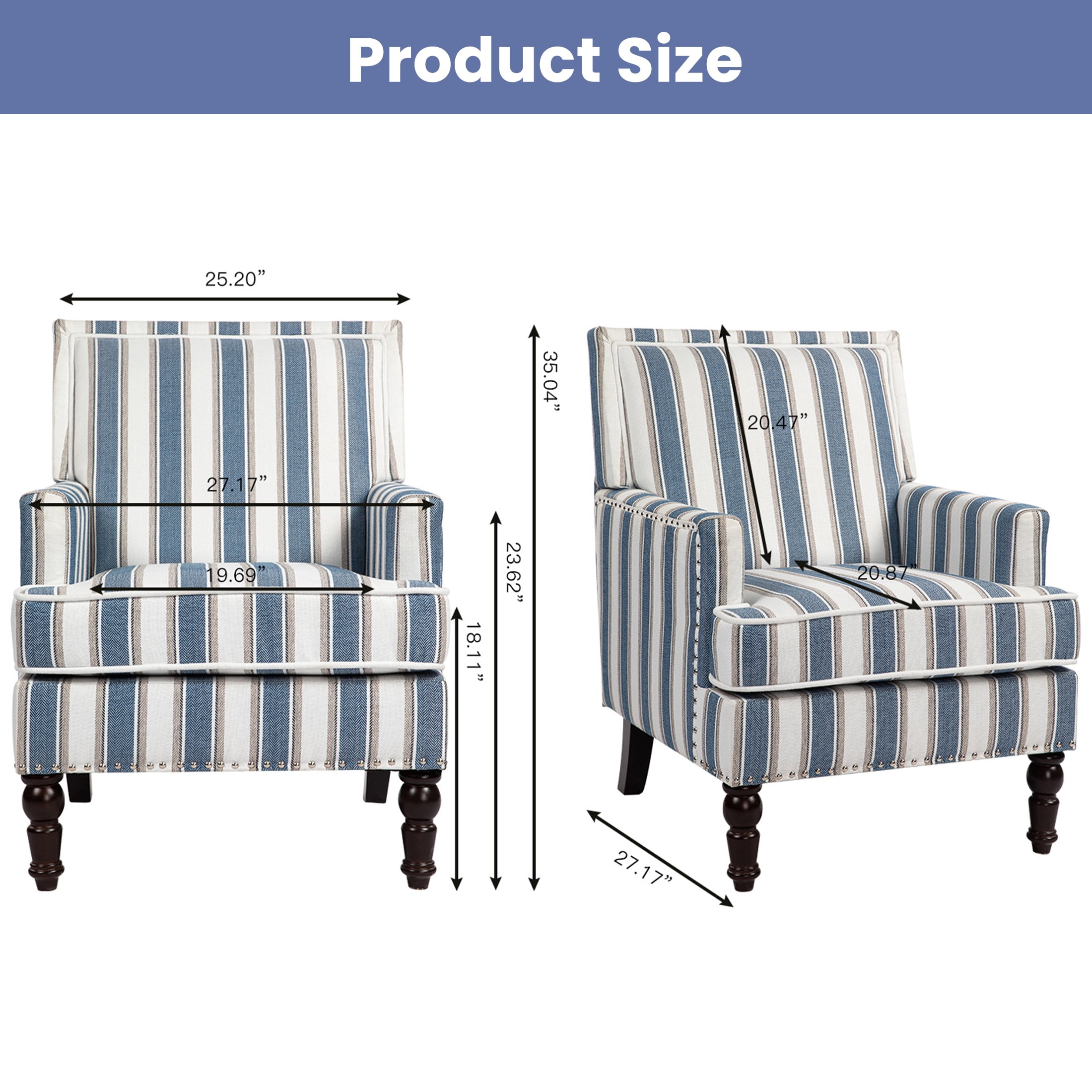 LEGAHOME Vintage Accent Chair, Upholstered Armchair with Nailhead Trim, Linen Fabric Arm Chair Comfort Reading Chair Lounge Chair for Living Room Bedroom Sunroom, Blue(1PC)