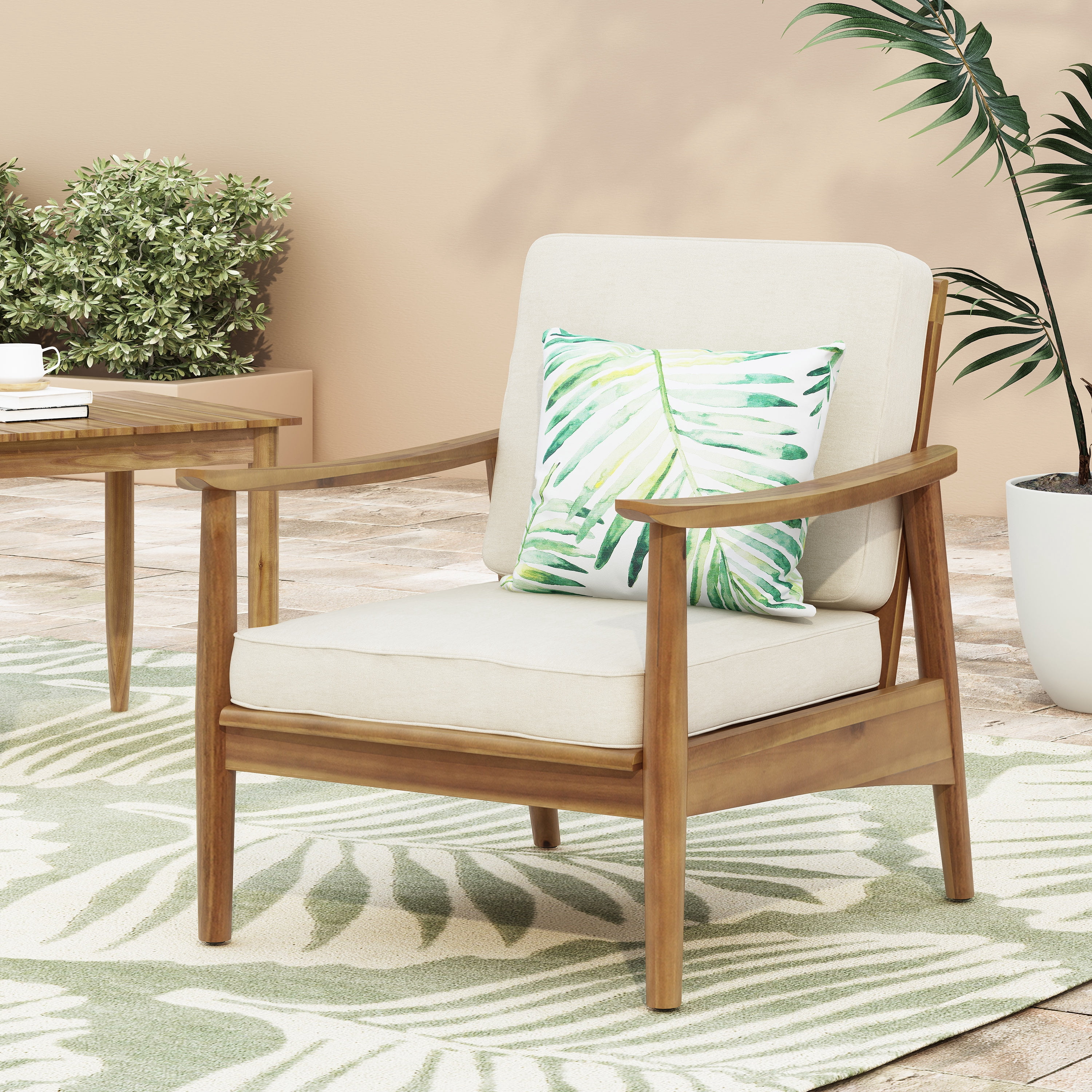 Euroco Outdoor Acacia Wood Club Chair with Slatted Design and Weather-Resistant Finish