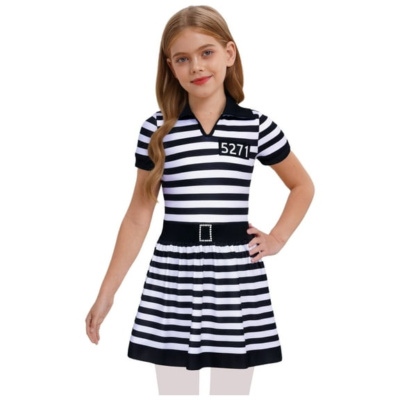 iiniim Striped Dress Halloween Costume V Neck Short Sleeve Kids Button Ruffled A-line Skirt White Black 8