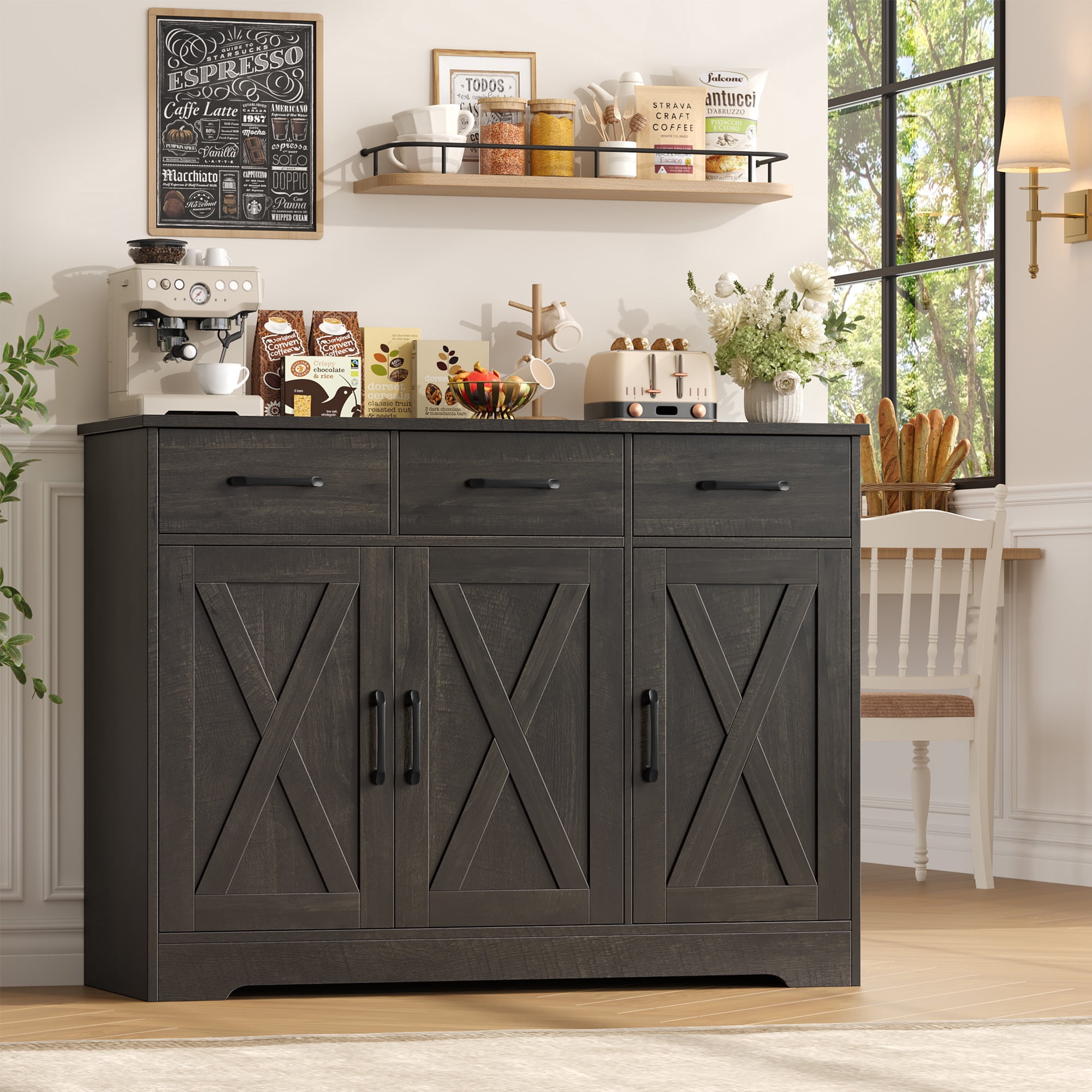 Homfa 42.5'' Kitchen Buffet Sideboard Cabinet, 3 Drawers Farmhouse Storage Cabinet with Adjustable Shelf, Dark Brown