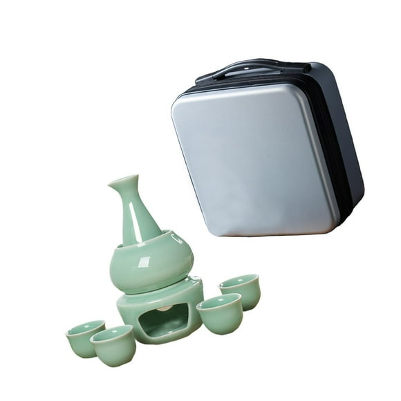 Juego de sake de cerámica con decantador de vino más cálido con bolsa de viaje, vasos clásicos, kits de vasos de cerámica antiguos para restaurante verde